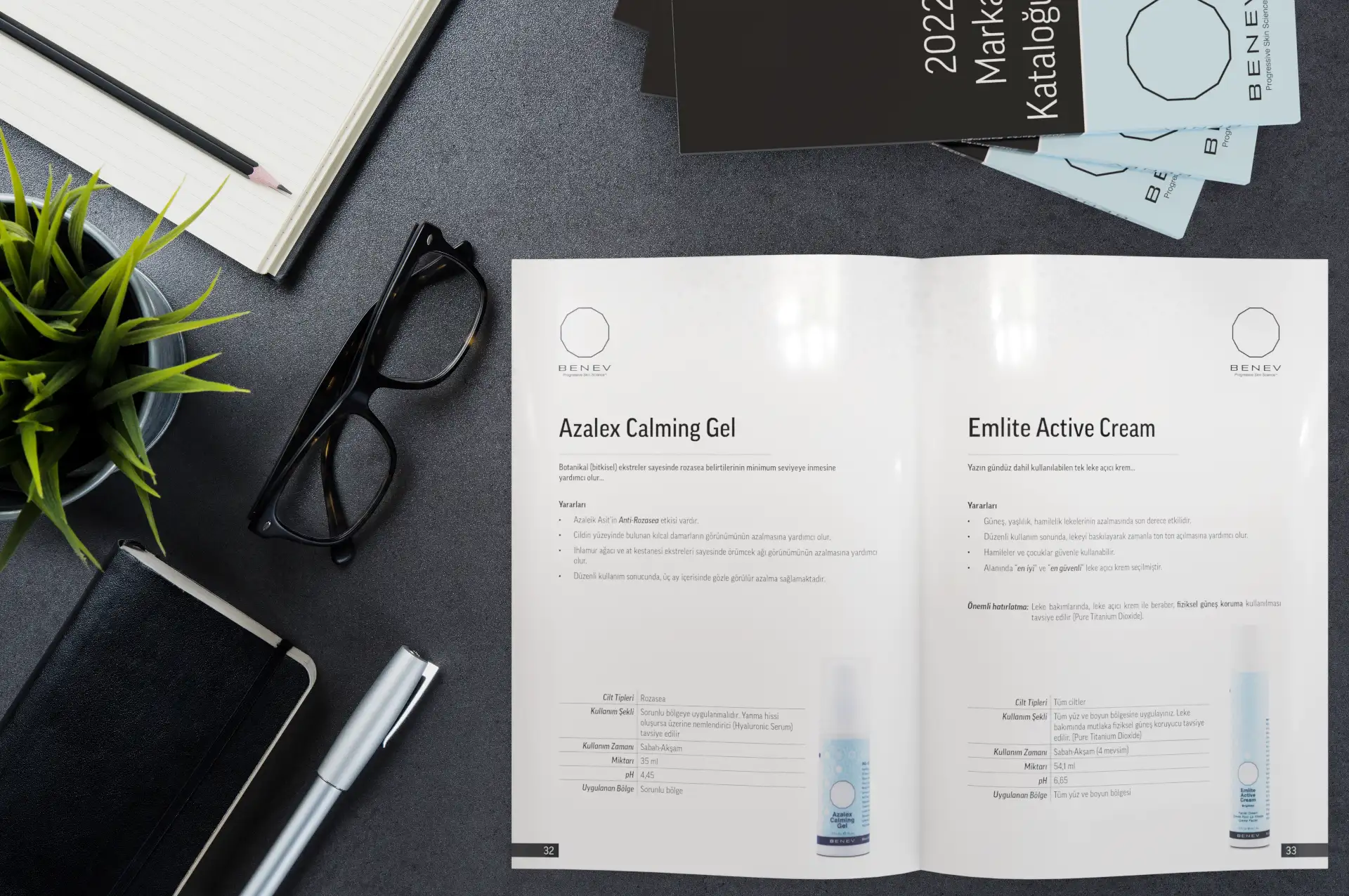 BENEV katalog iç sayfa — Azalex Calming Gel ve Emlite Active Cream