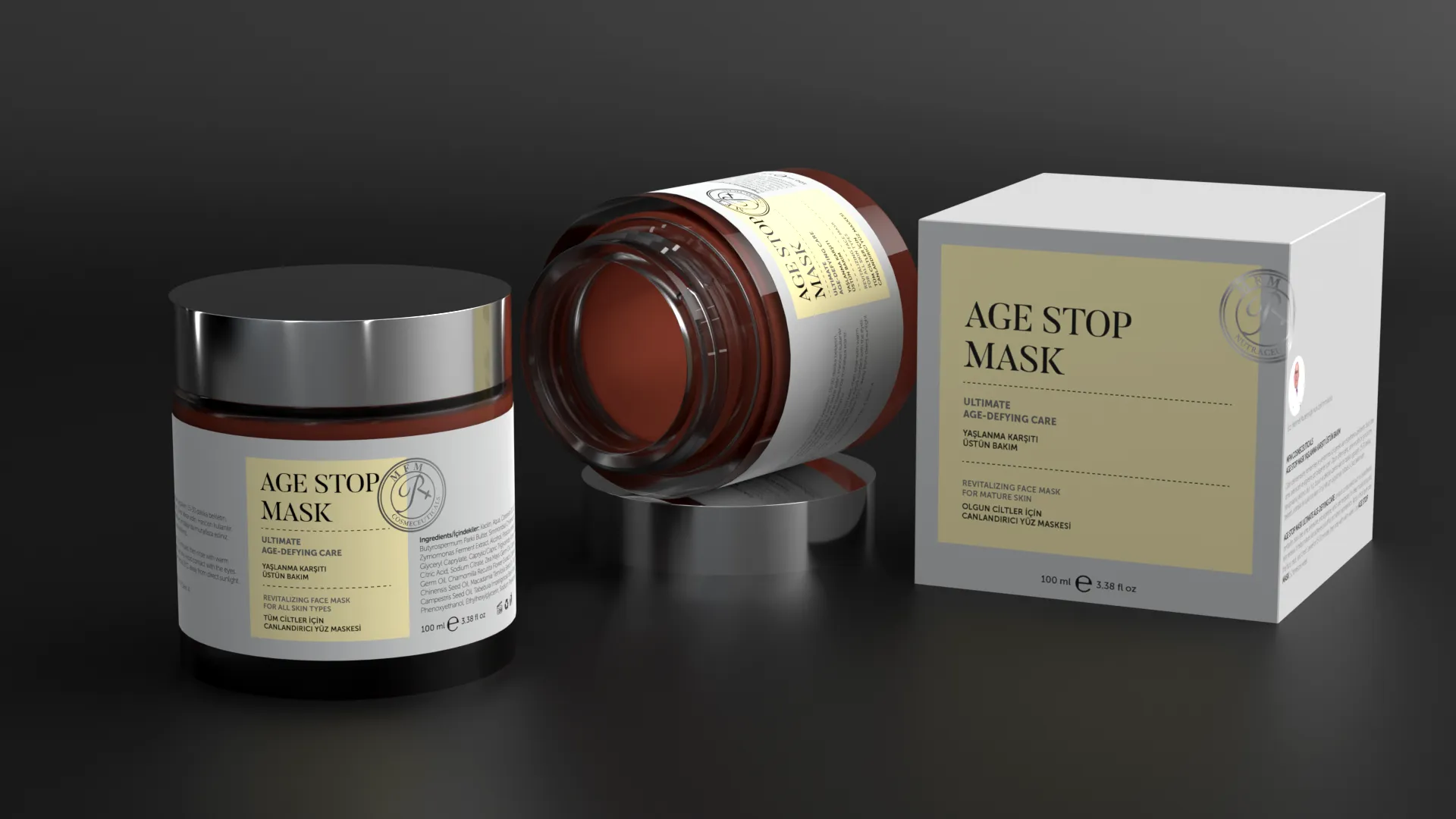 Rebul Cosmetics Age Stop Mask 3D görselleştirme — koyu fon