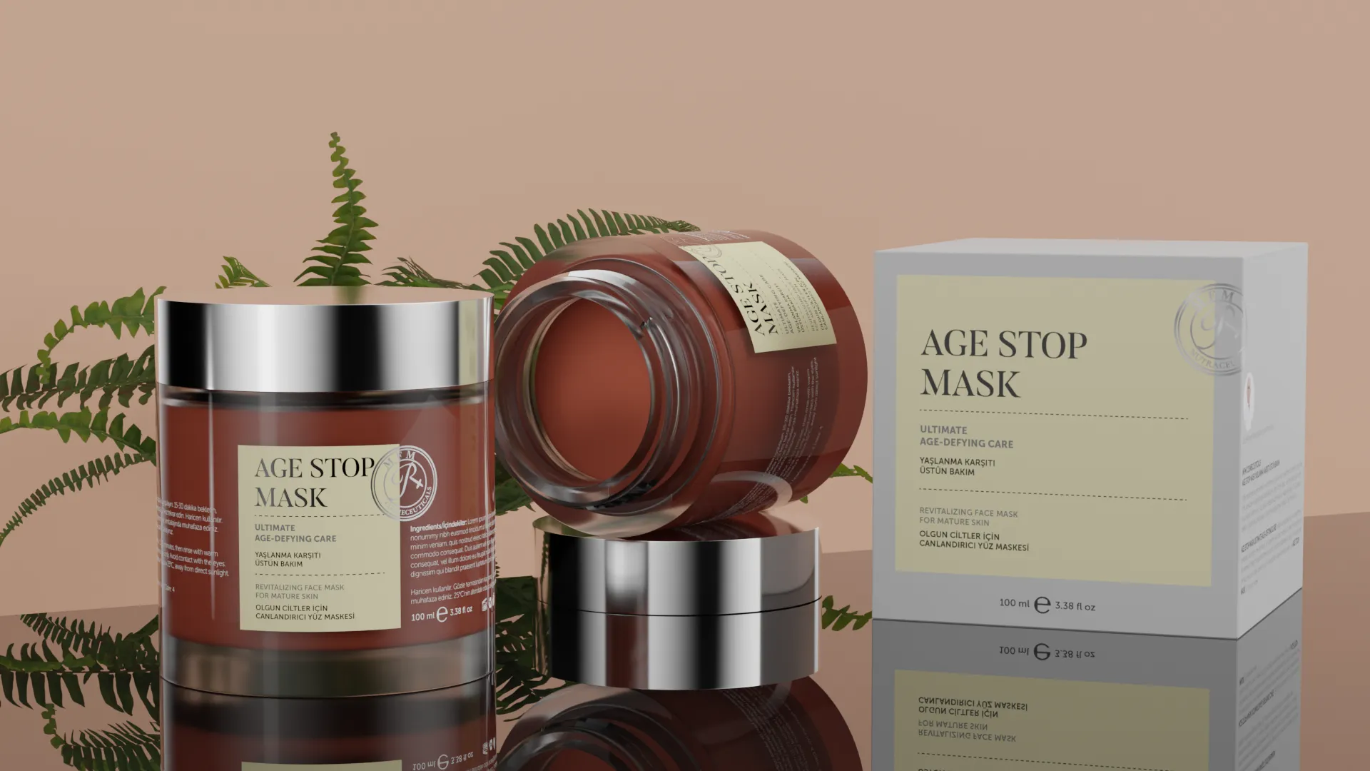 Rebul Cosmetics Age Stop Mask 3D görselleştirme — şeftali fon