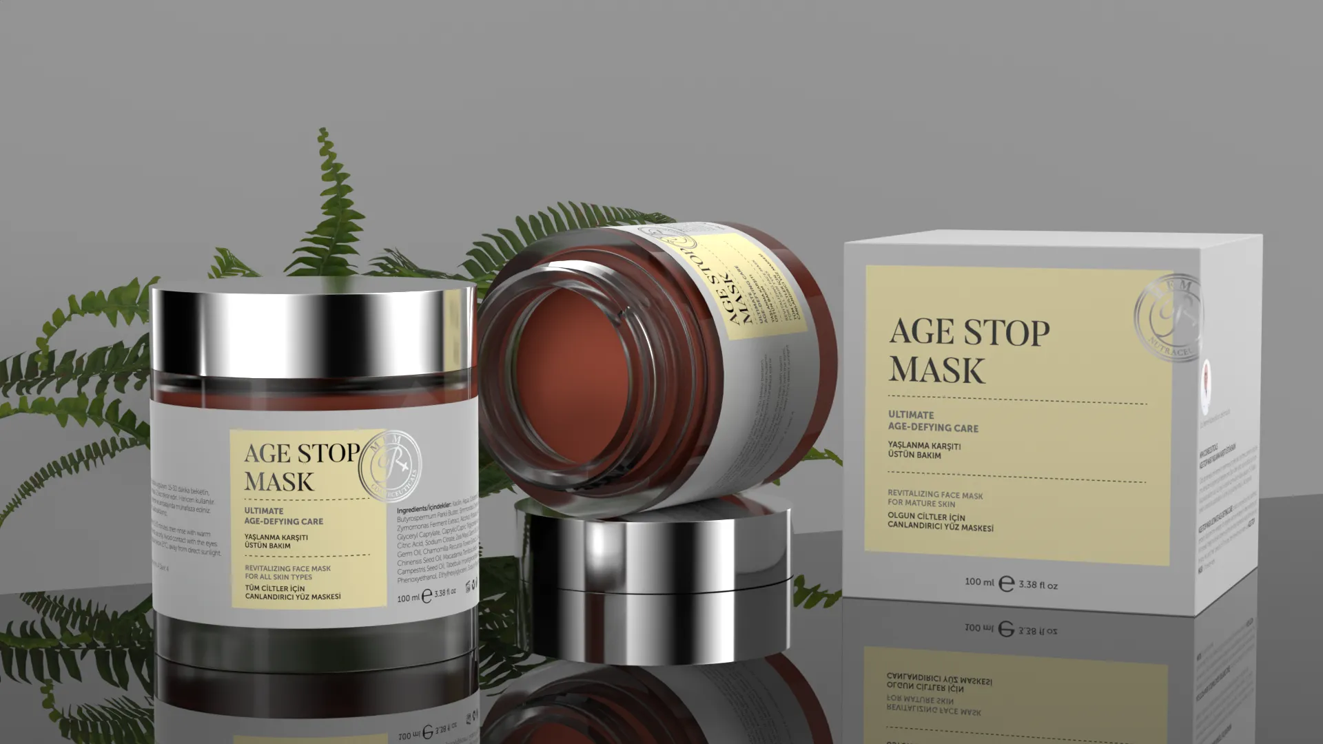 Rebul Cosmetics Age Stop Mask 3D görselleştirme — gri fon