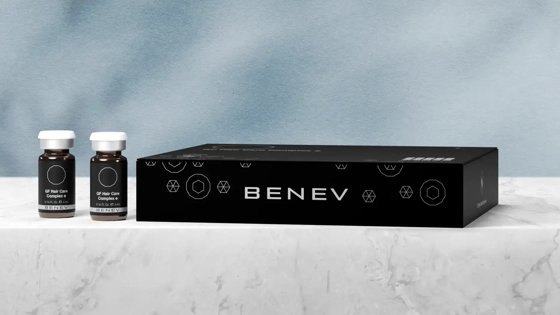 Benev GF Hair Care Complex ambalaj tasarımı — kutu ve flakonlar