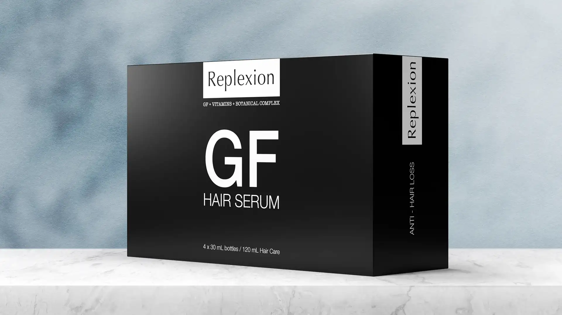 Replexion GF Hair Serum ambalaj tasarımı — kutu açılı görünüm
