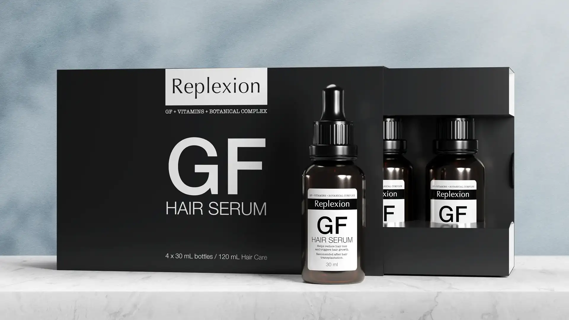 Replexion GF Hair Serum ambalaj tasarımı — şişe ve kutu bir arada