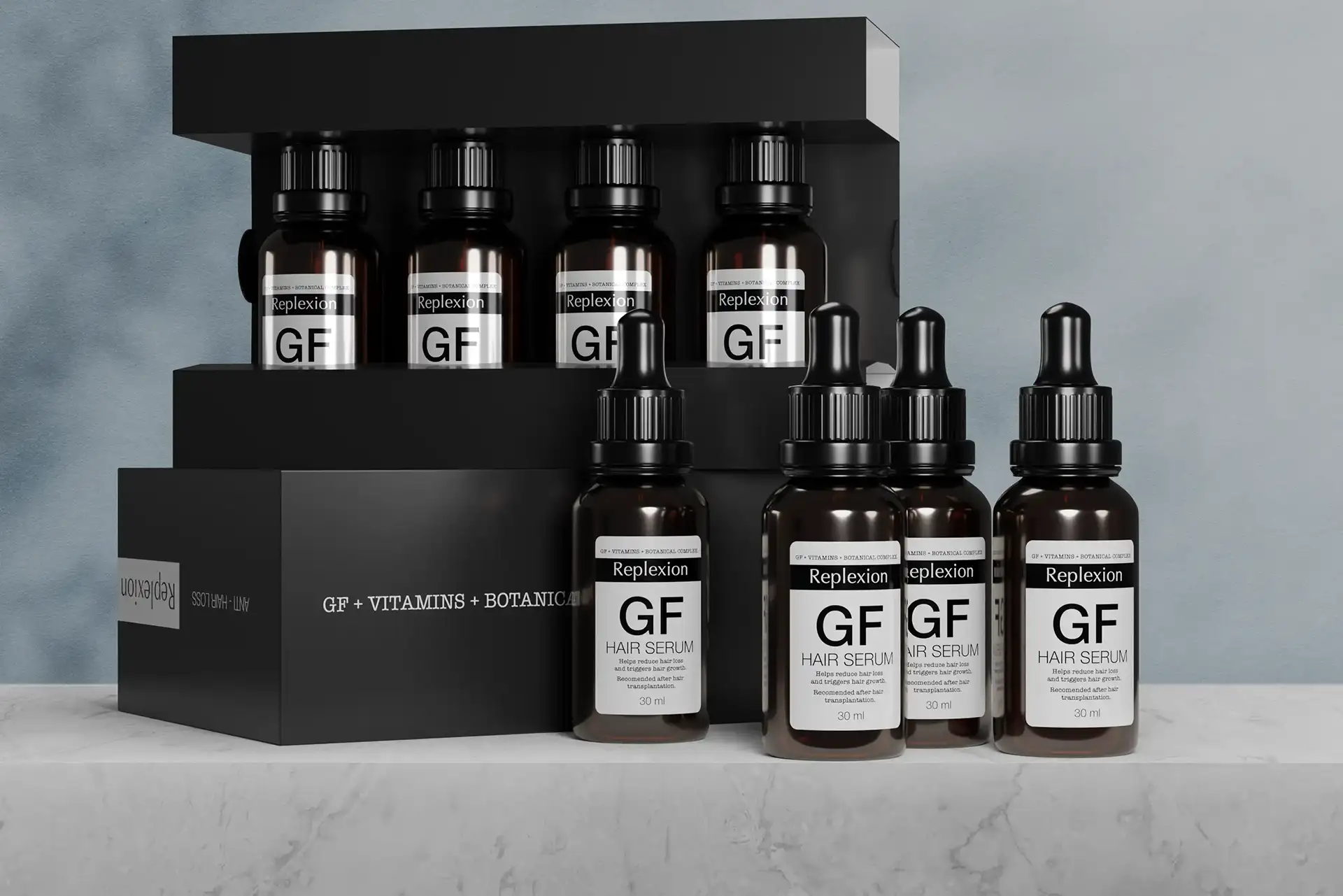 Replexion GF Hair Serum ambalaj tasarımı — tüm şişeler kutudan çıkmış