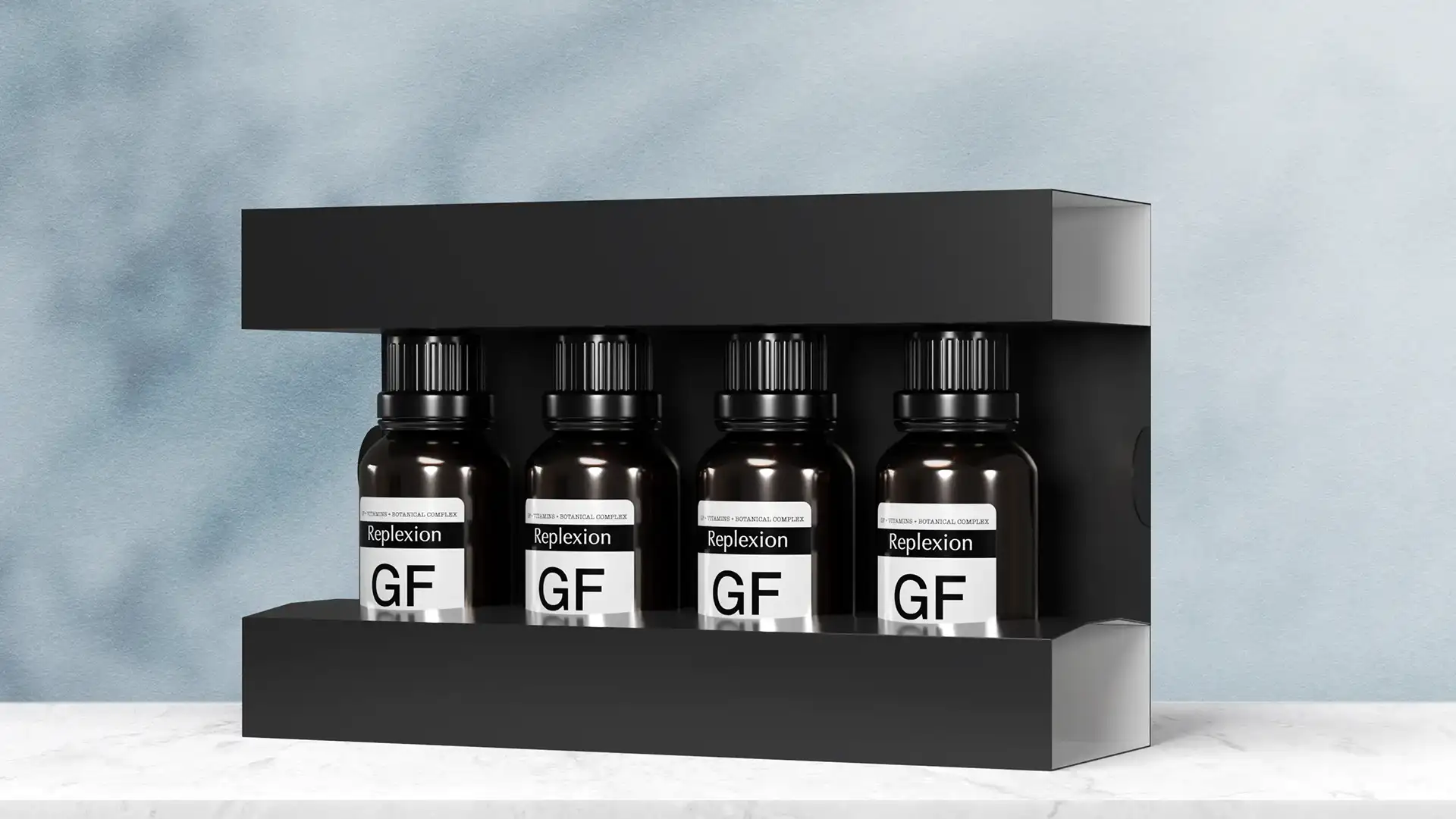 Replexion GF Hair Serum ambalaj tasarımı — şişe rafı detayı