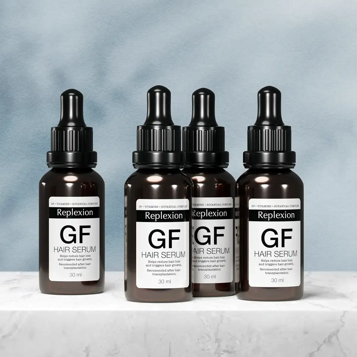 Replexion GF Hair Serum şişe etiket tasarımı — dört şişe bir arada