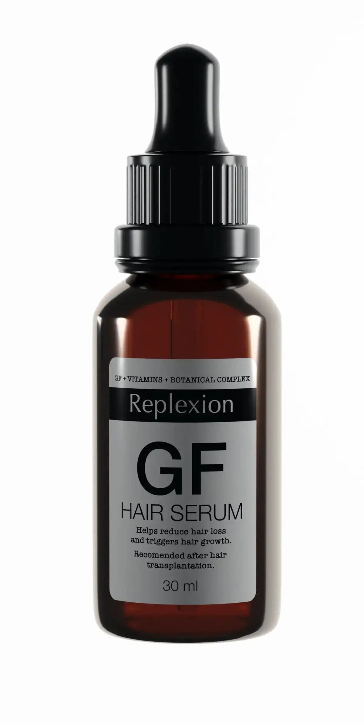 Replexion GF Hair Serum şişe etiket tasarımı — tekli ürün