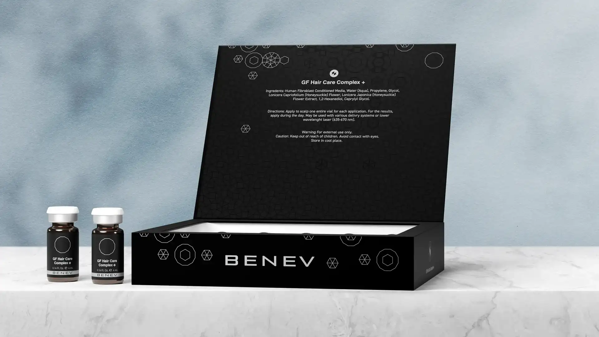 Benev GF Hair Care Complex ambalaj tasarımı — açık kutu iç kapak detayı