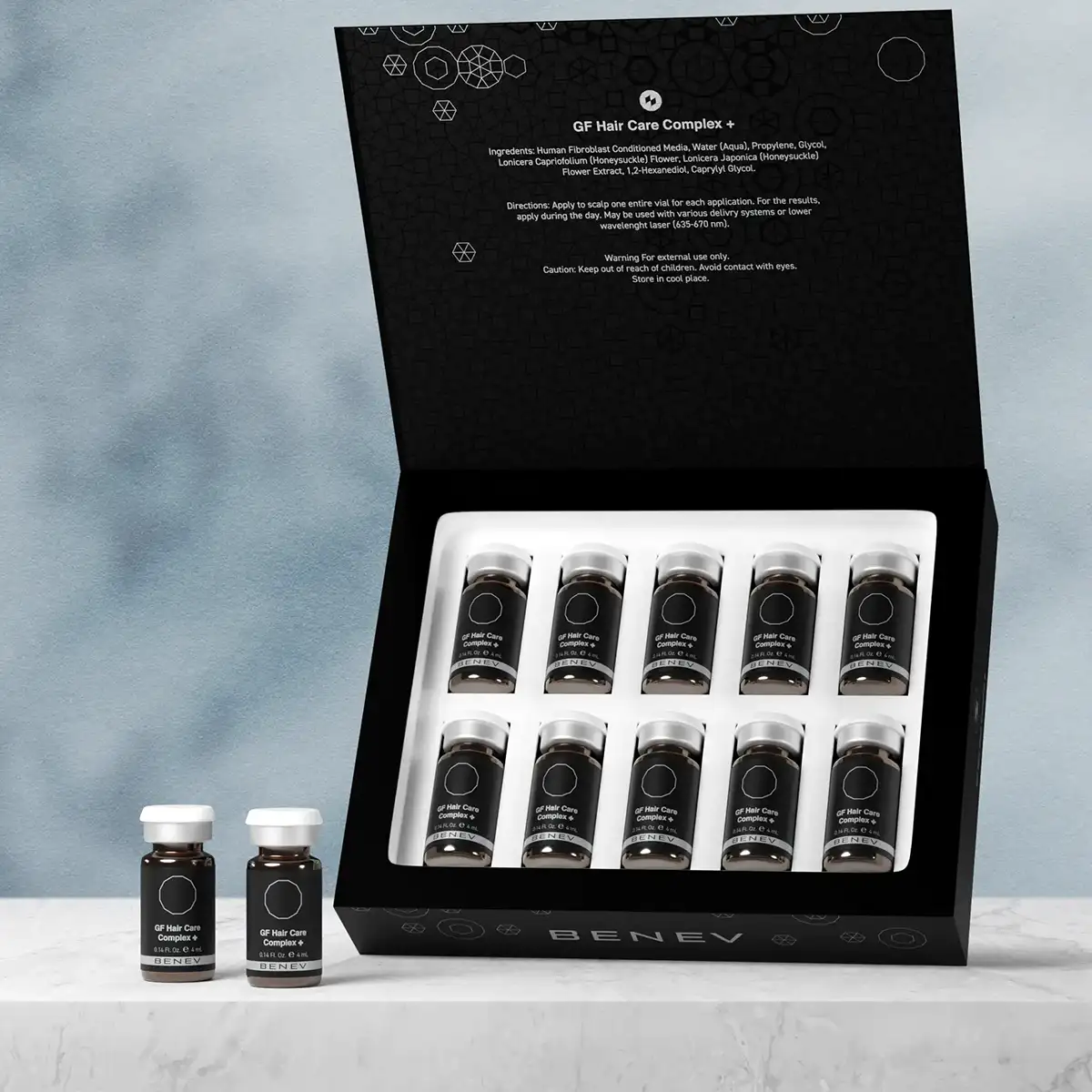 Benev GF Hair Care Complex ambalaj tasarımı — açık kutu, 10 flakon