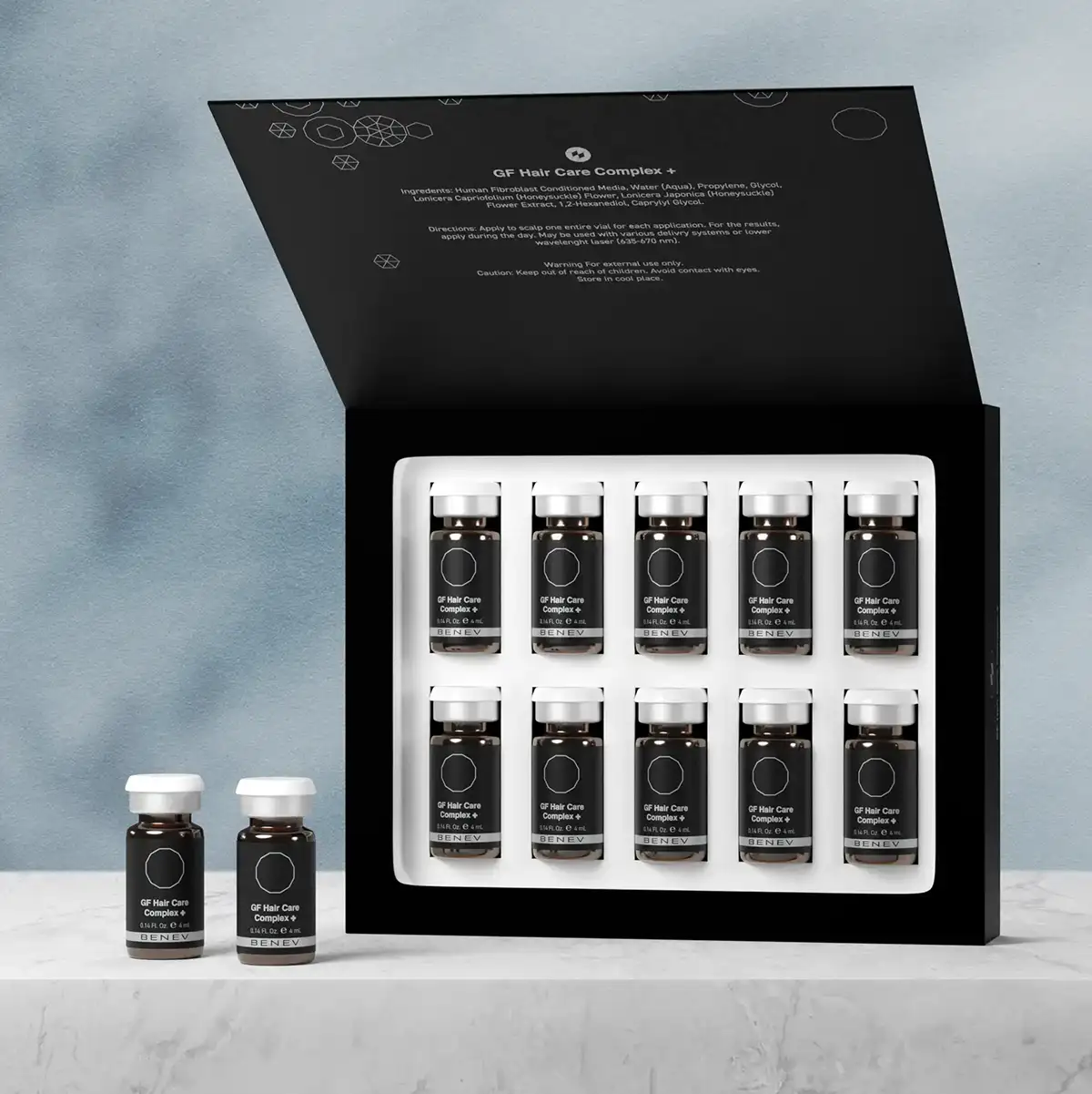 Benev GF Hair Care Complex ambalaj tasarımı — açık kutu, farklı açı