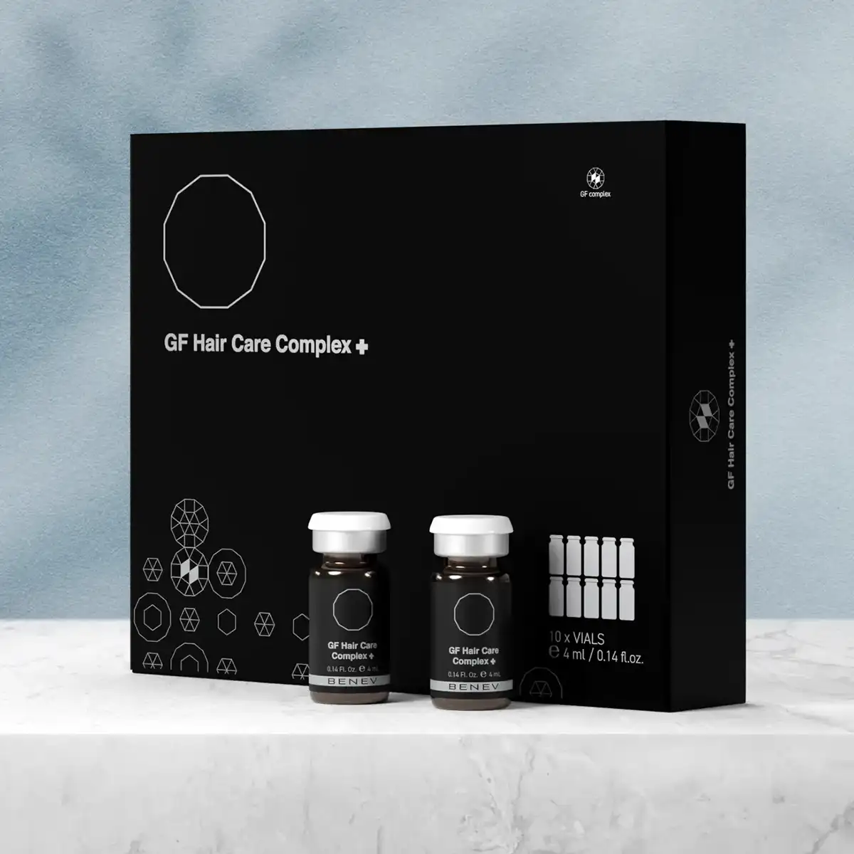 Benev GF Hair Care Complex ambalaj tasarımı — kutu ve flakon detayı