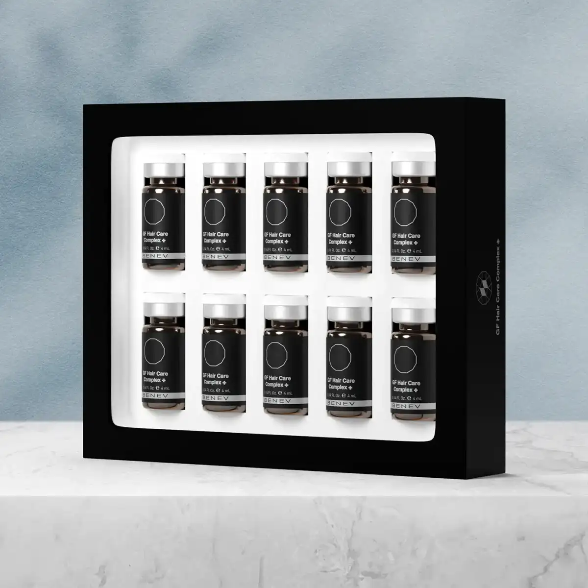 Benev GF Hair Care Complex ambalaj tasarımı — flakon tepsisi yandan görünüm