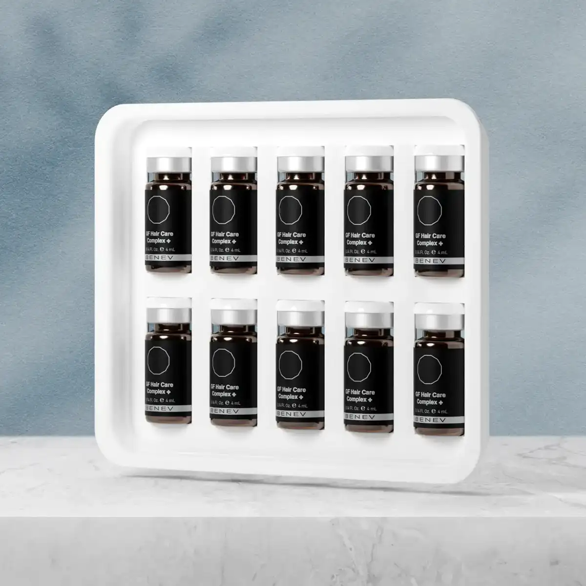 Benev GF Hair Care Complex ambalaj tasarımı — flakon tepsisi ön görünüm