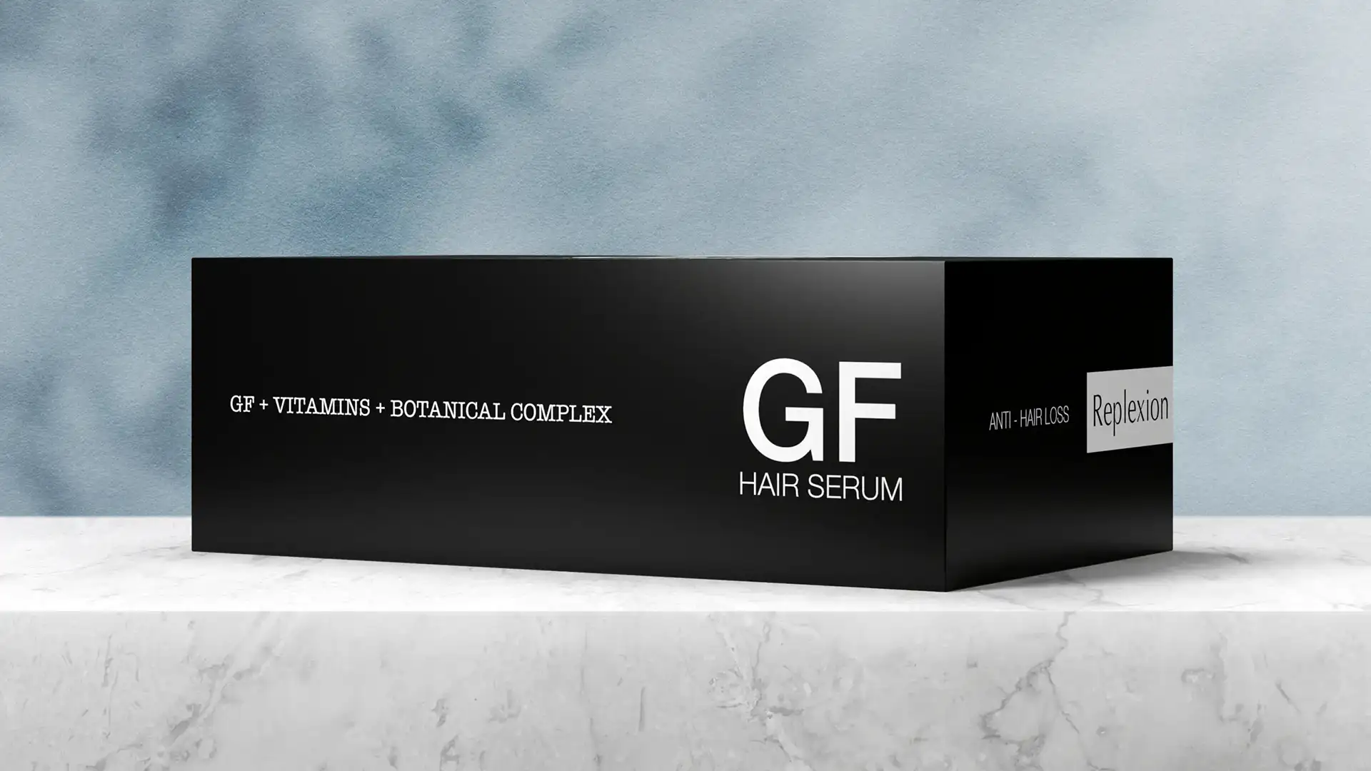 Replexion GF Hair Serum ambalaj tasarımı — kutu yandan görünüm