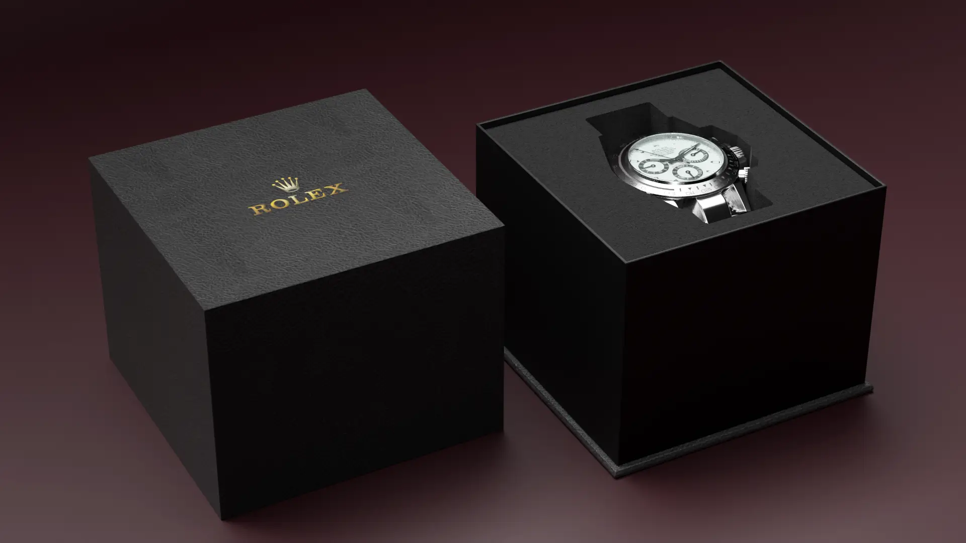 Rolex luxury box 3D görselleştirme — kapalı ve açık kutu bir arada