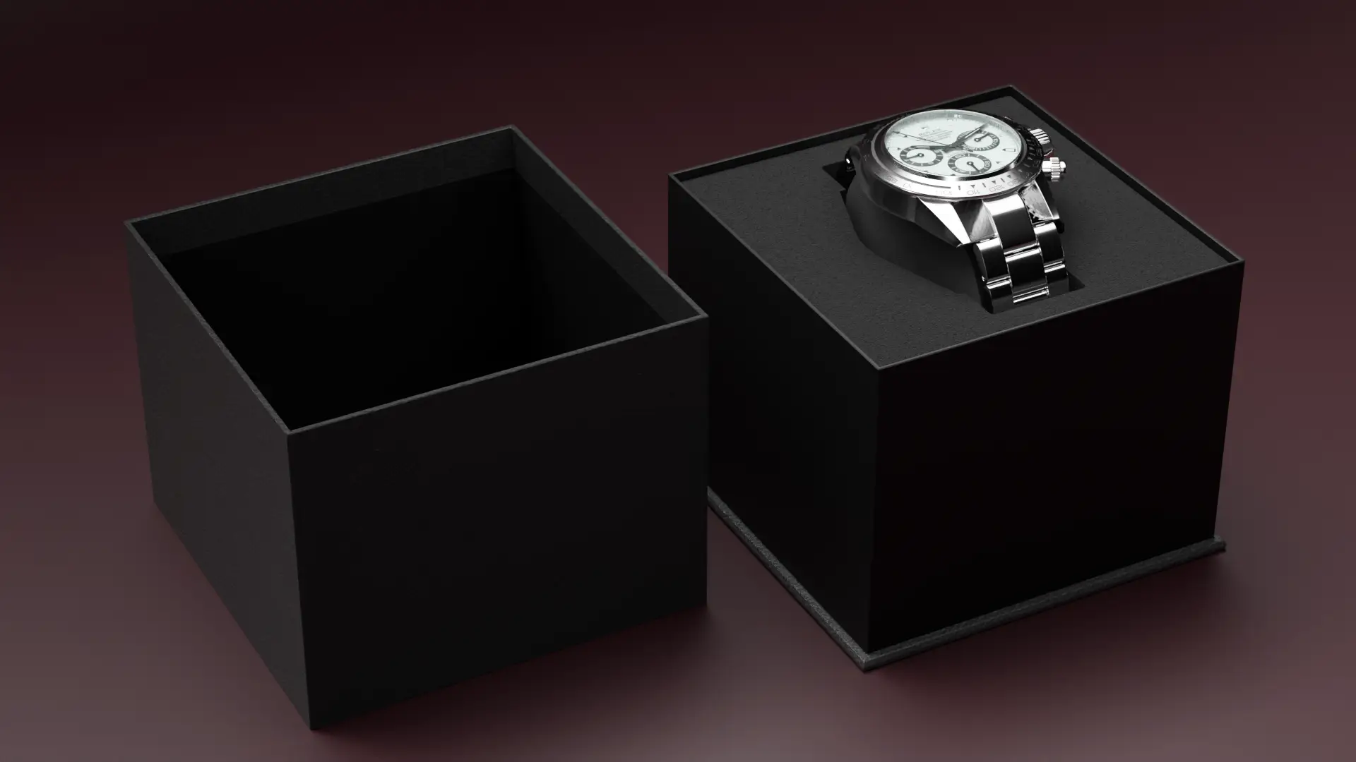 Rolex luxury box 3D görselleştirme — boş kutu ve saatli kutu