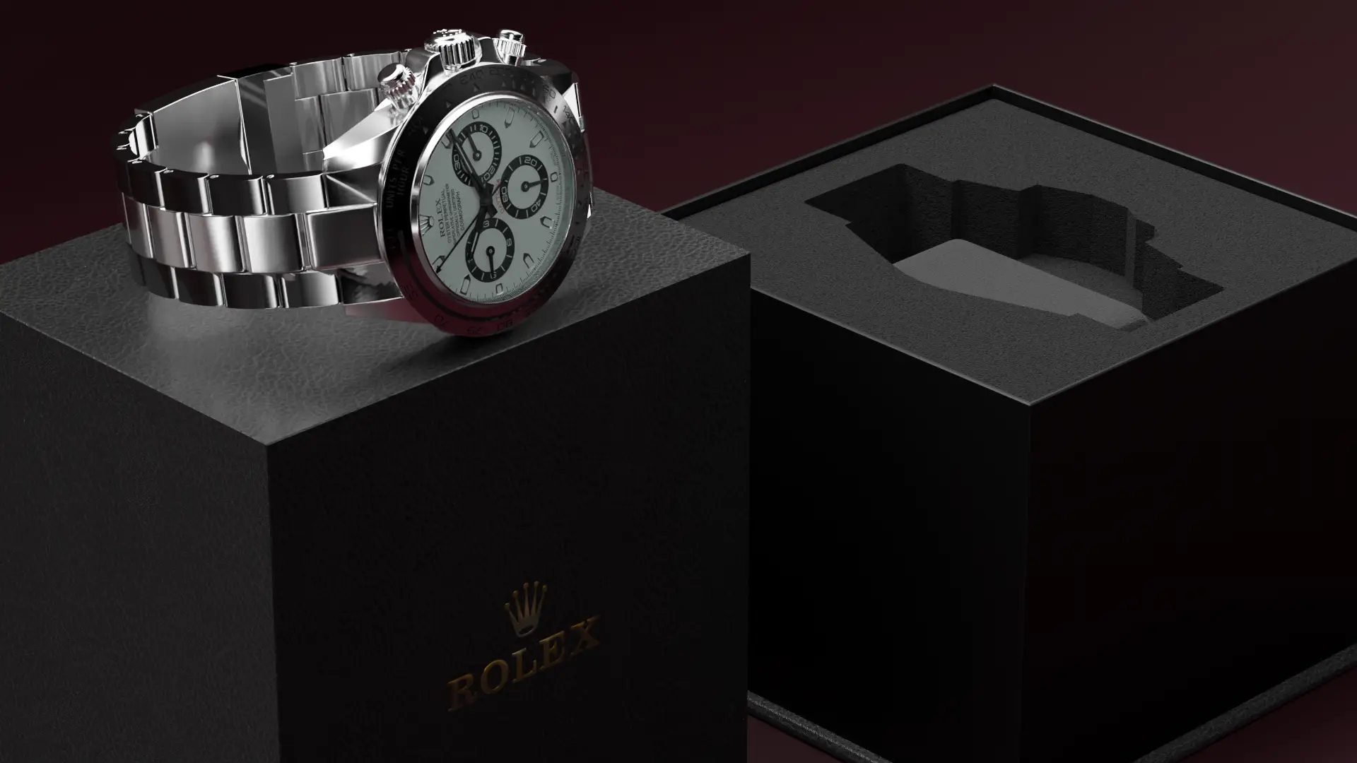Rolex luxury box 3D görselleştirme — saat kutunun üzerinde