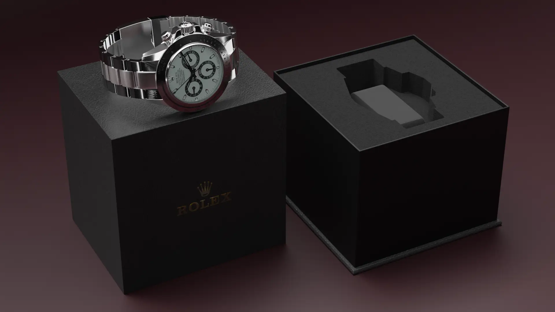 Rolex luxury box 3D görselleştirme — saat ve açık kutu detayı