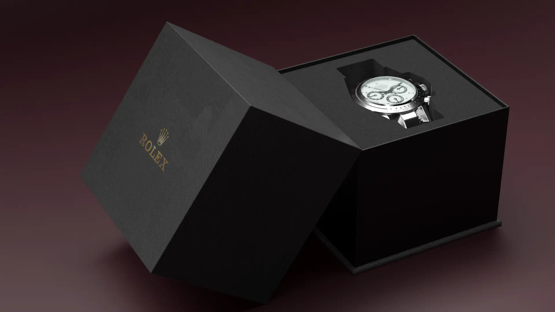Rolex luxury box 3D görselleştirme — kutu açılış açısı