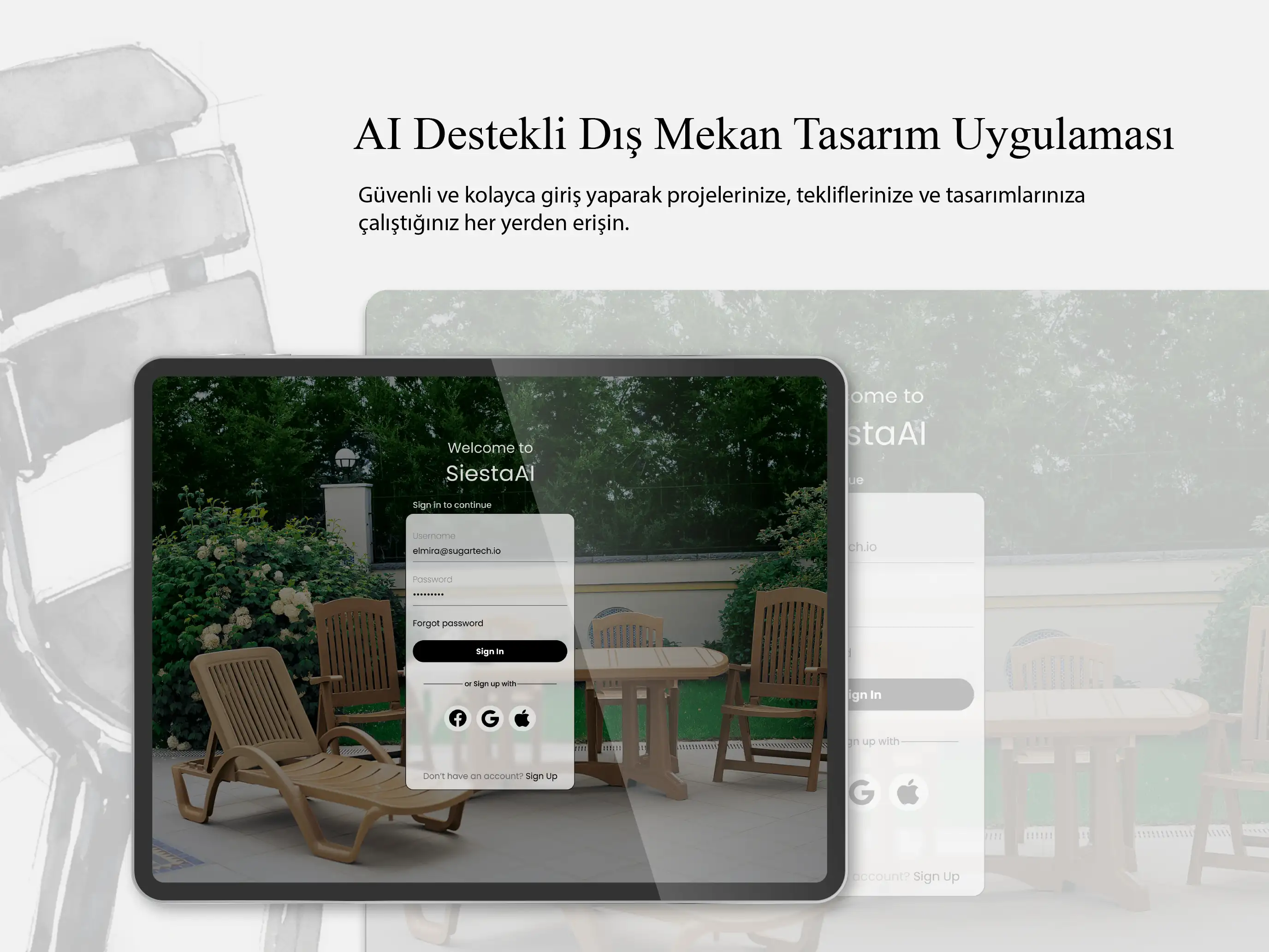 Siesta AI — AI destekli dış mekan tasarım uygulaması giriş ekranı