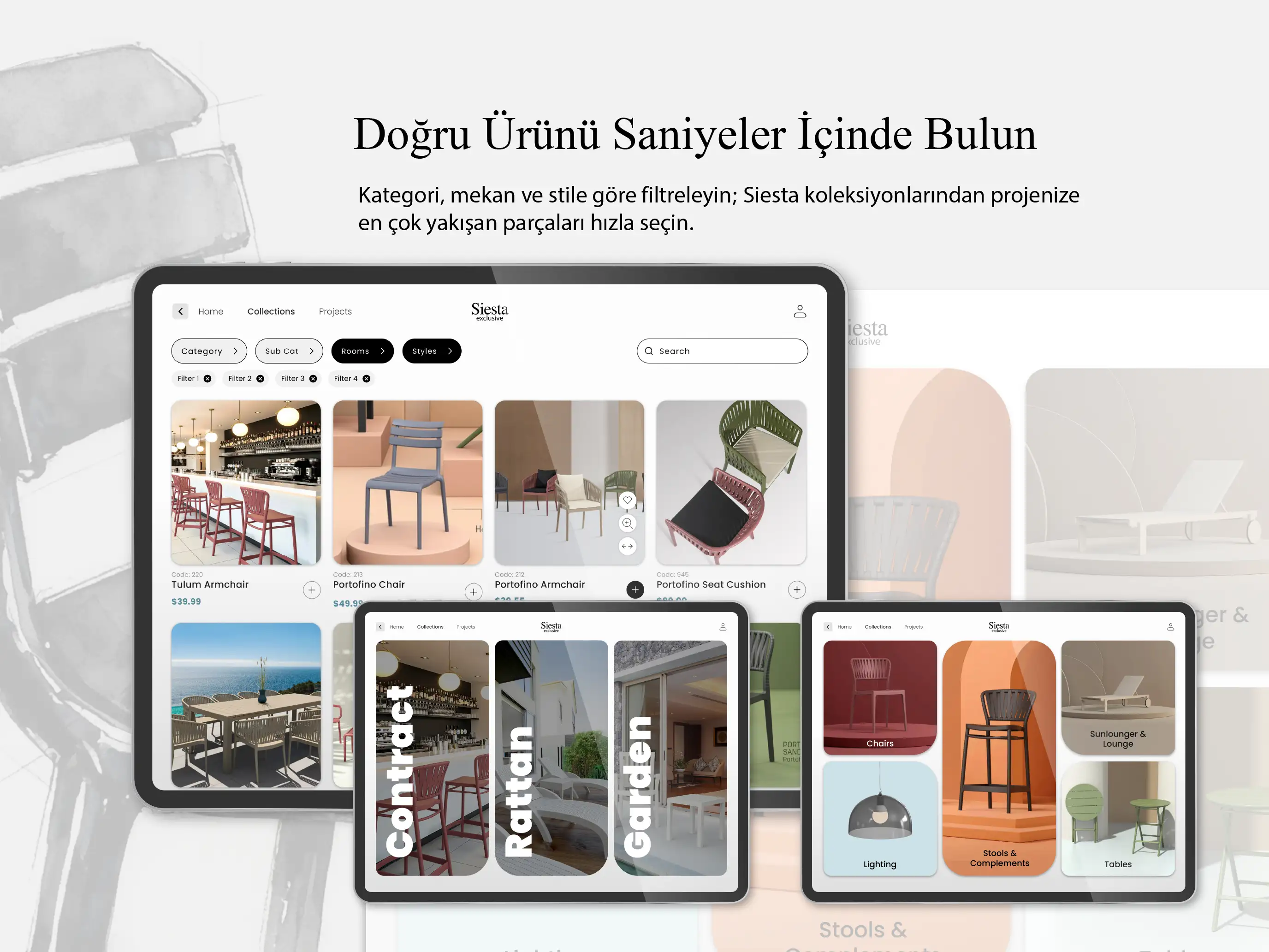 Siesta AI — kategori ve filtrelerle doğru ürünü saniyeler içinde bulma ekranı