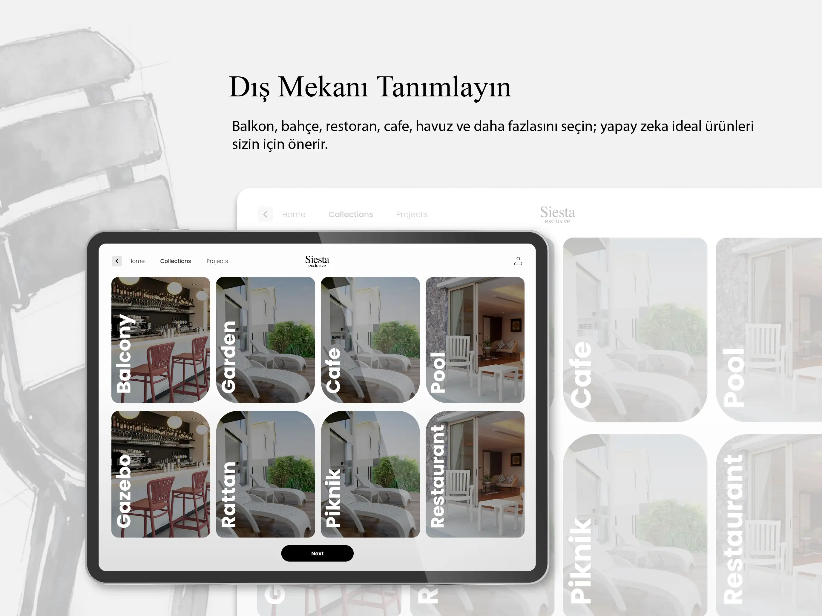 Siesta AI — balkon, bahçe, cafe, havuz gibi dış mekan tiplerini tanımlama ekranı