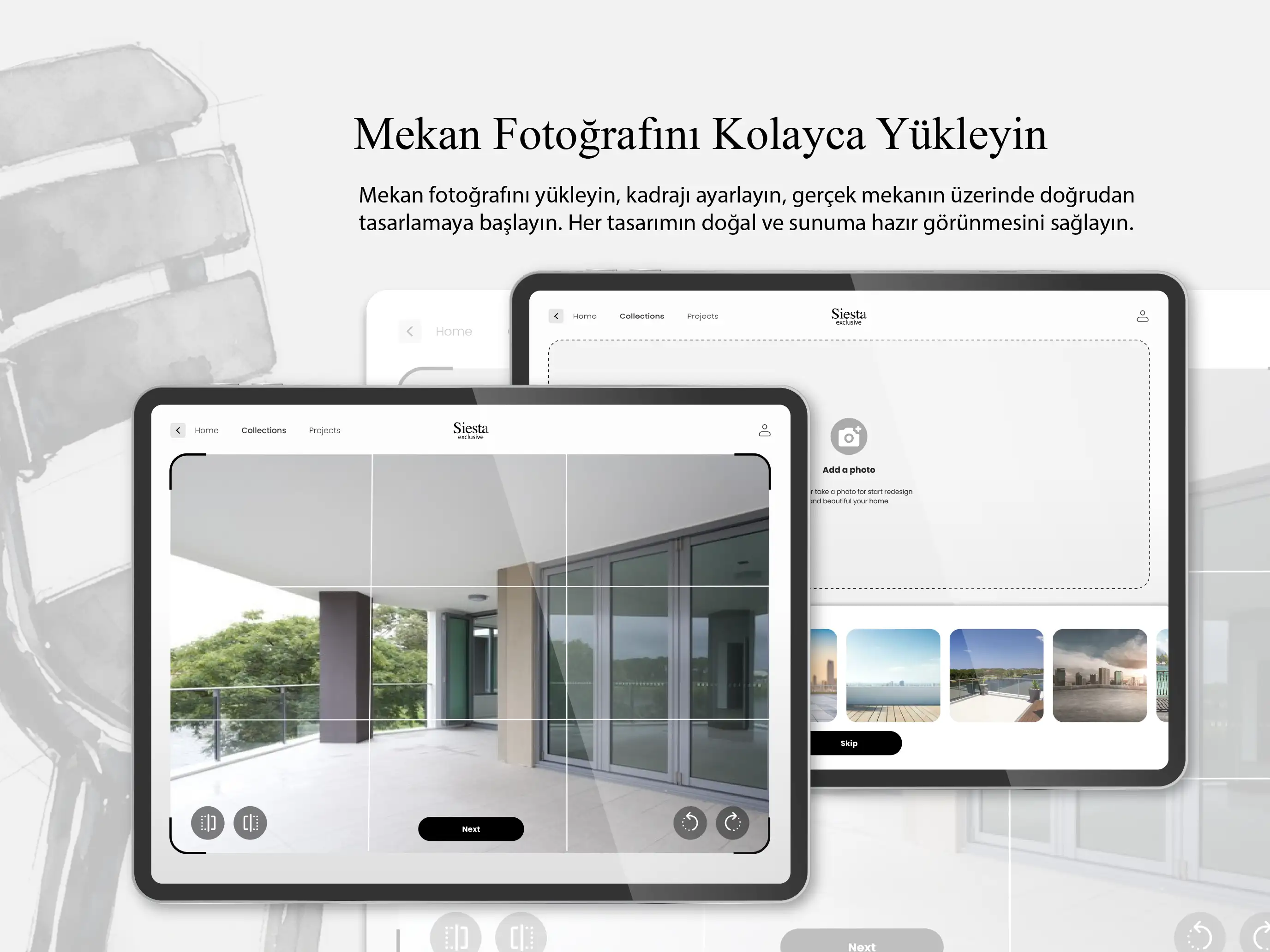 Siesta AI — mekan fotoğrafı yükleme ve kadraj ayarlama ekranı