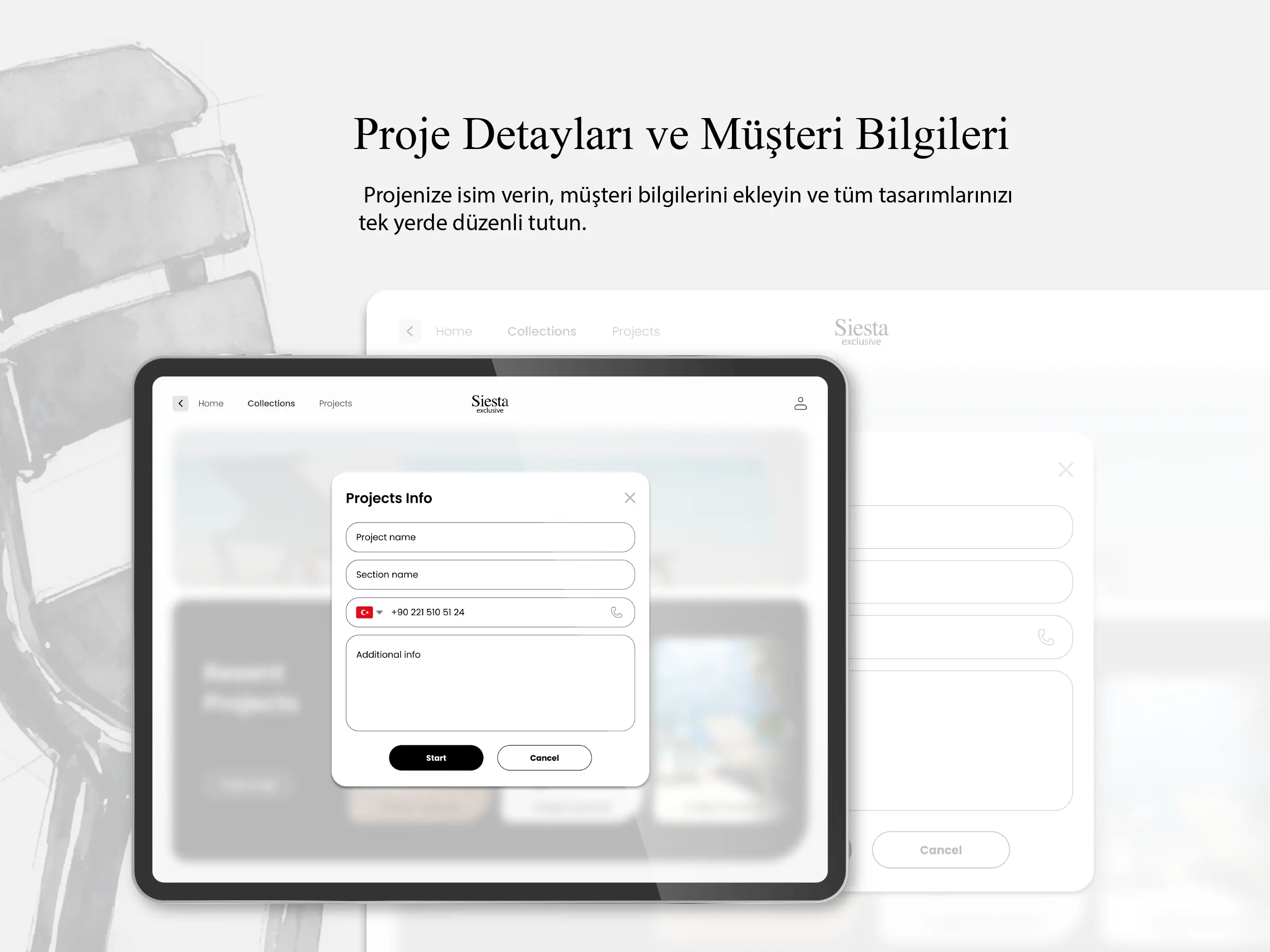 Siesta AI — proje detayları ve müşteri bilgileri giriş formu
