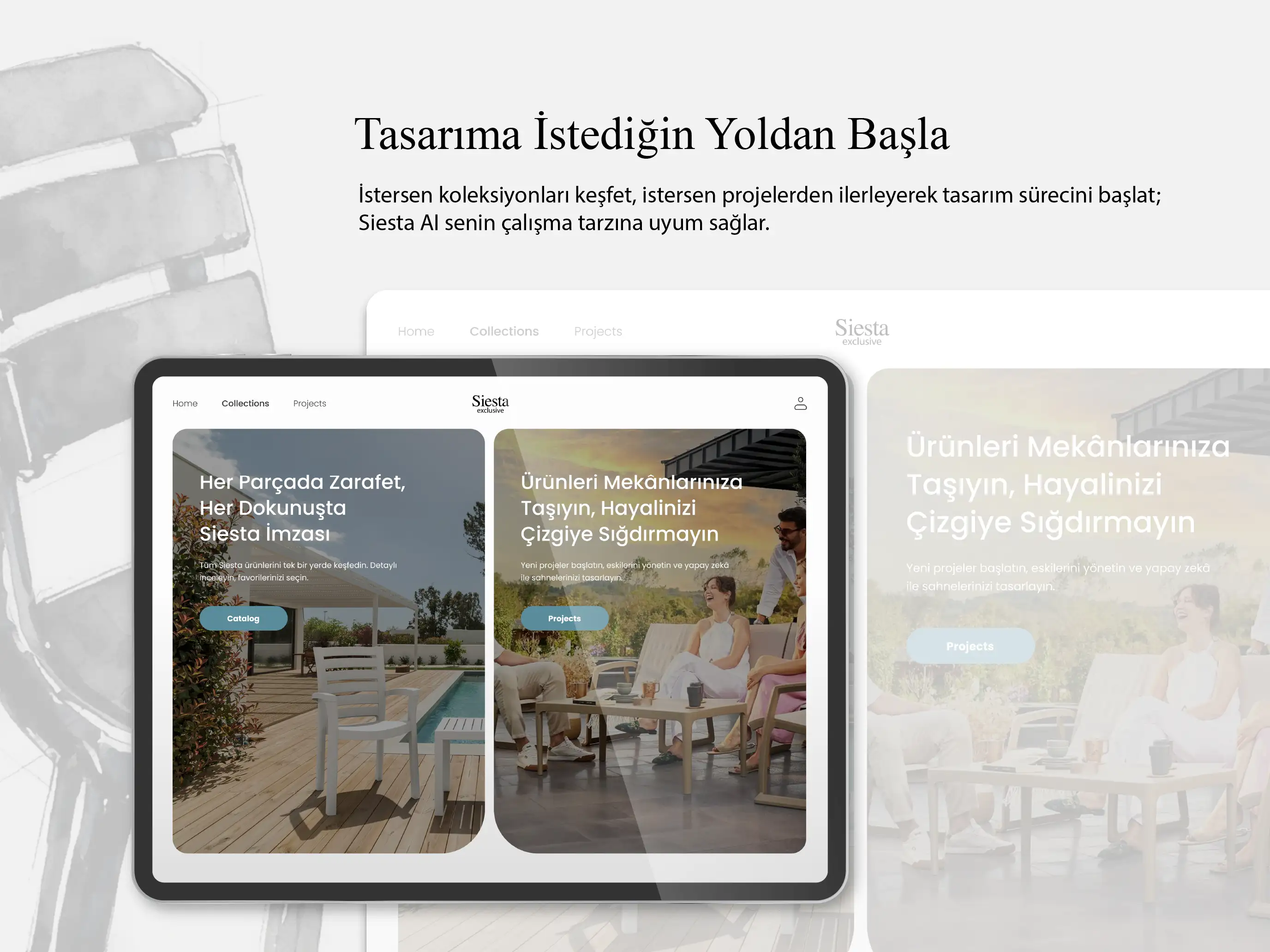 Siesta AI — koleksiyon veya proje üzerinden tasarıma başlama ekranı