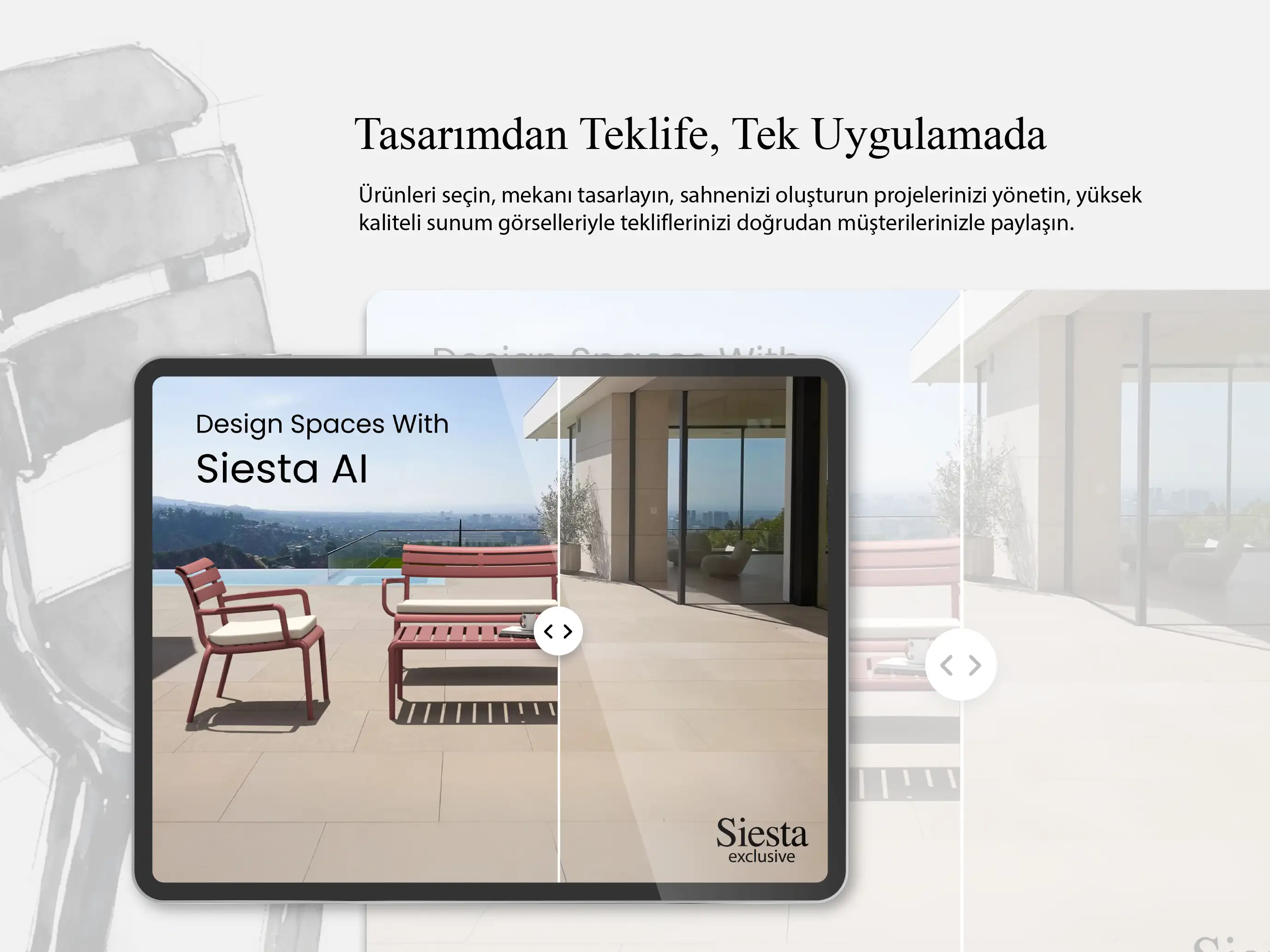 Siesta AI — tasarım öncesi/sonrası karşılaştırmalı sunum ekranı