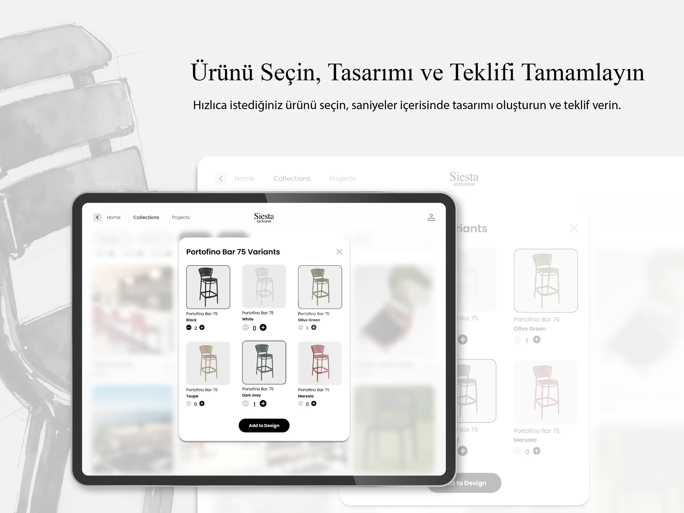 Siesta AI — ürün varyant seçimi ve teklif tamamlama ekranı